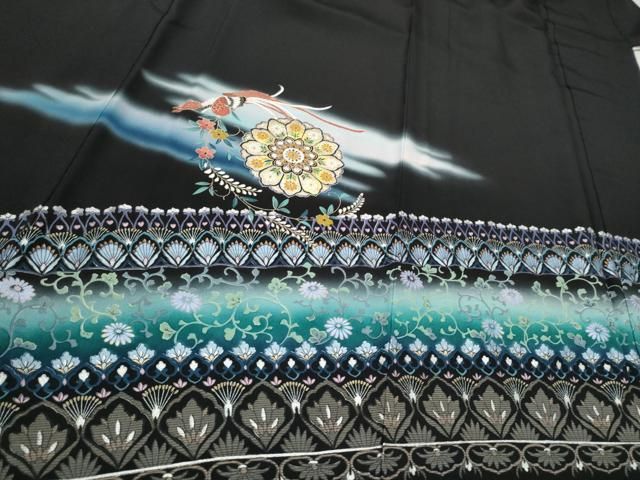平和屋着物▽豪華黒留袖 駒刺繍 正倉院鳳凰花文 暈し染め 金彩