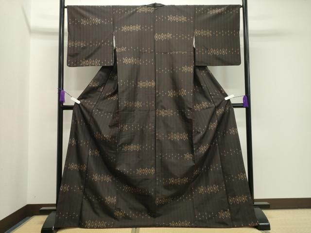 平和屋着物 上質な紬 麻の葉間道 黒地 正絹 CAAX5837gh