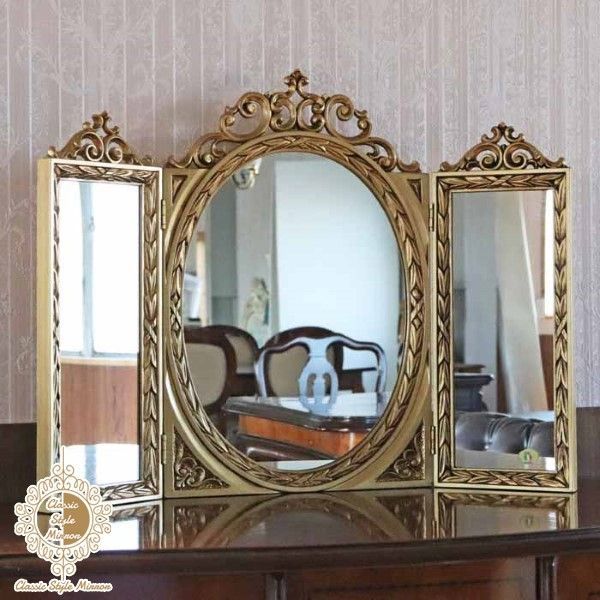 イタリア製 デコレーションミラー 置き鏡 3面鏡 ミラー ゴールド