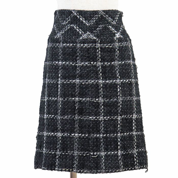 CHANEL シャネル スカート ウール ツイード 06A P29549 2006AW COCOマーク ロゴ チャーム ウィンドウペン チェック ひざ下丈 シルク ライニング レディース 36 チャコール 仏製 カール ラガーフェルド期