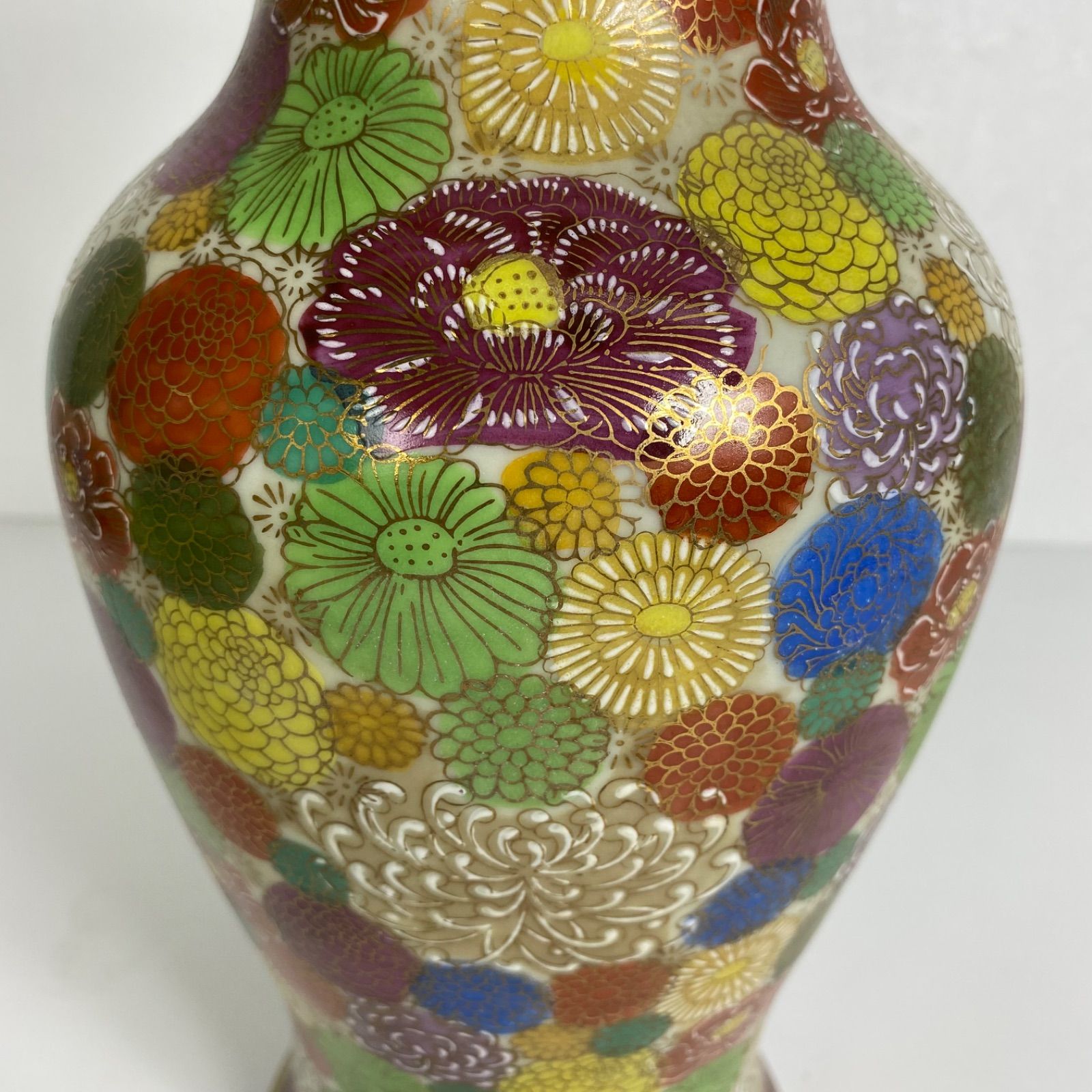 九谷焼 花詰 金彩装飾 壺 底穴あり 高さ約31cm 文峰銘