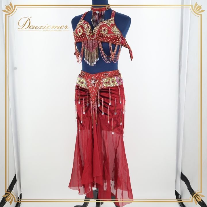 ベリーダンス オリエンタル 衣装 上下セット レッド系 赤 ワインレッド ゴールド シルバー ラインストーン ビーズ ラメ 発表会 イベント コスチューム ベリーダンス衣装 発表会衣装 付き おしゃれ 上下セット ワインレッド系 赤系