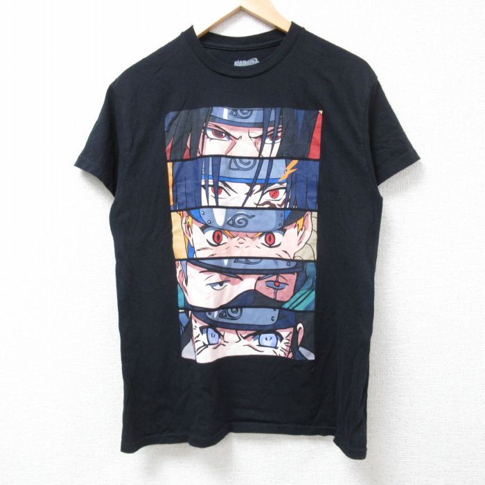 M/古着 半袖 Tシャツ メンズ アニメ NARUTO ナルト疾風伝 コットン クルーネック 黒 ブラック 24jul13 中古