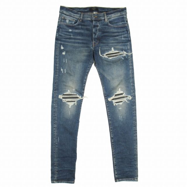 AMIRI アミリ MX1 レザー 蛇腹 スキニーデニム サイズ31 アミリ AMIRI MX1 クラッシュ加工レザーリペア蛇腹デニムパンツ