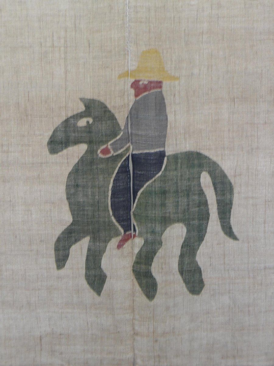 P40353 柚木沙弥郎 作 型絵染め 民芸 麻 暖簾 ２巾 ｋ