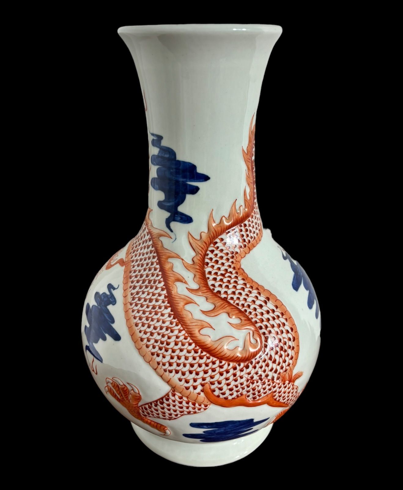 中国骨董花瓶一輪挿し花器磁器印判龍文様銘あり訳ありニュウ
