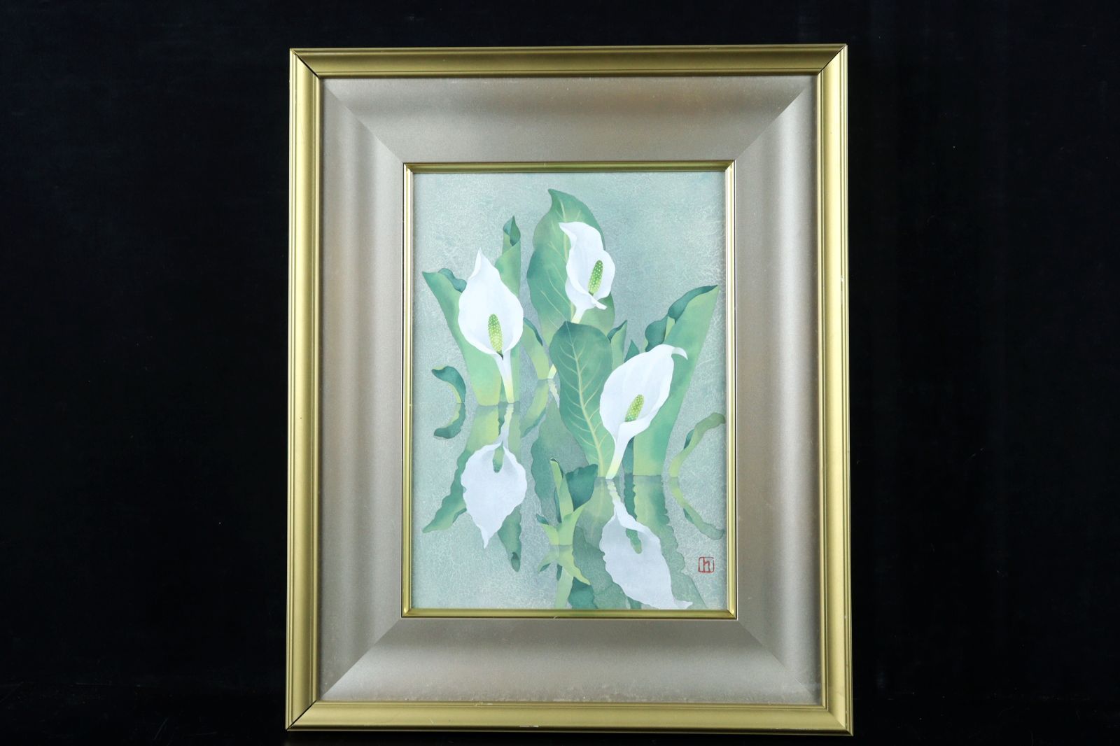 酒井一「水芭蕉」 肉筆日本画4号 共シール 唐物 骨董 古美術 楾 D66-S