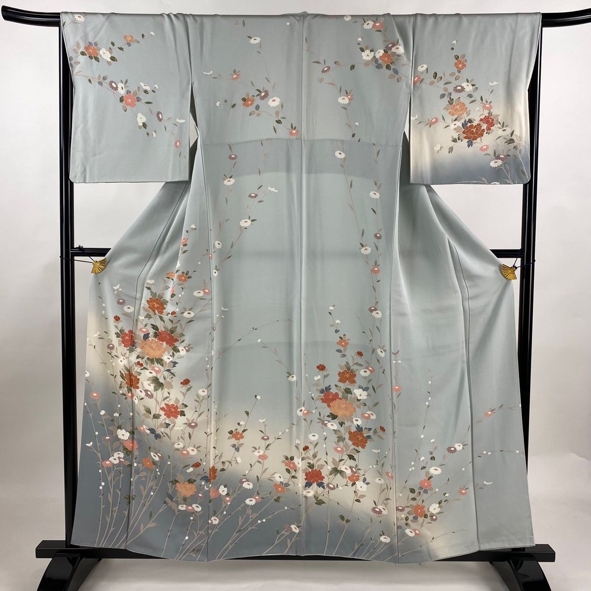 付下げ 身丈158cm 裄丈67.5cm L 袷 草花 ぼかし 青灰色 正絹 名品