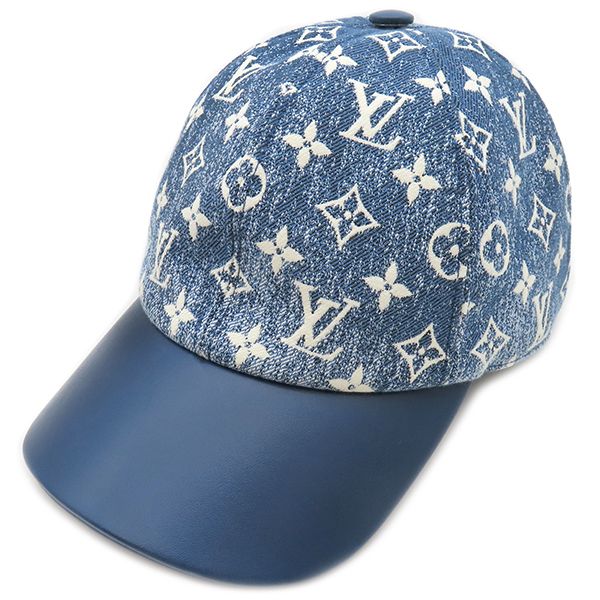 ルイヴィトン LOUIS VUITTON キャップ モノグラム ジャカード デニム ナイロン コットン レザー ブルー ゴールド金具 M77437
