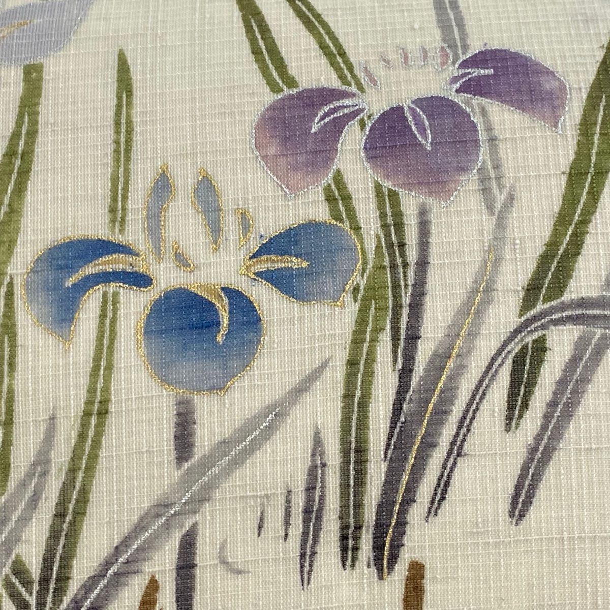 名古屋帯 秀品 夏紬地 菖蒲 流水 金銀彩 クリーム 正絹