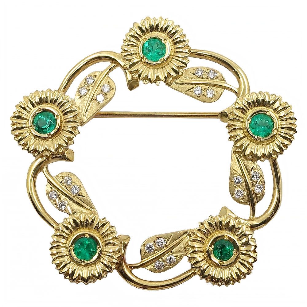 栄 ジュエリー ピンブローチ リーフ ダイヤ|エメラルド カラーストーン K18YG 女性 約7.5g アクセサリー 本体のみ