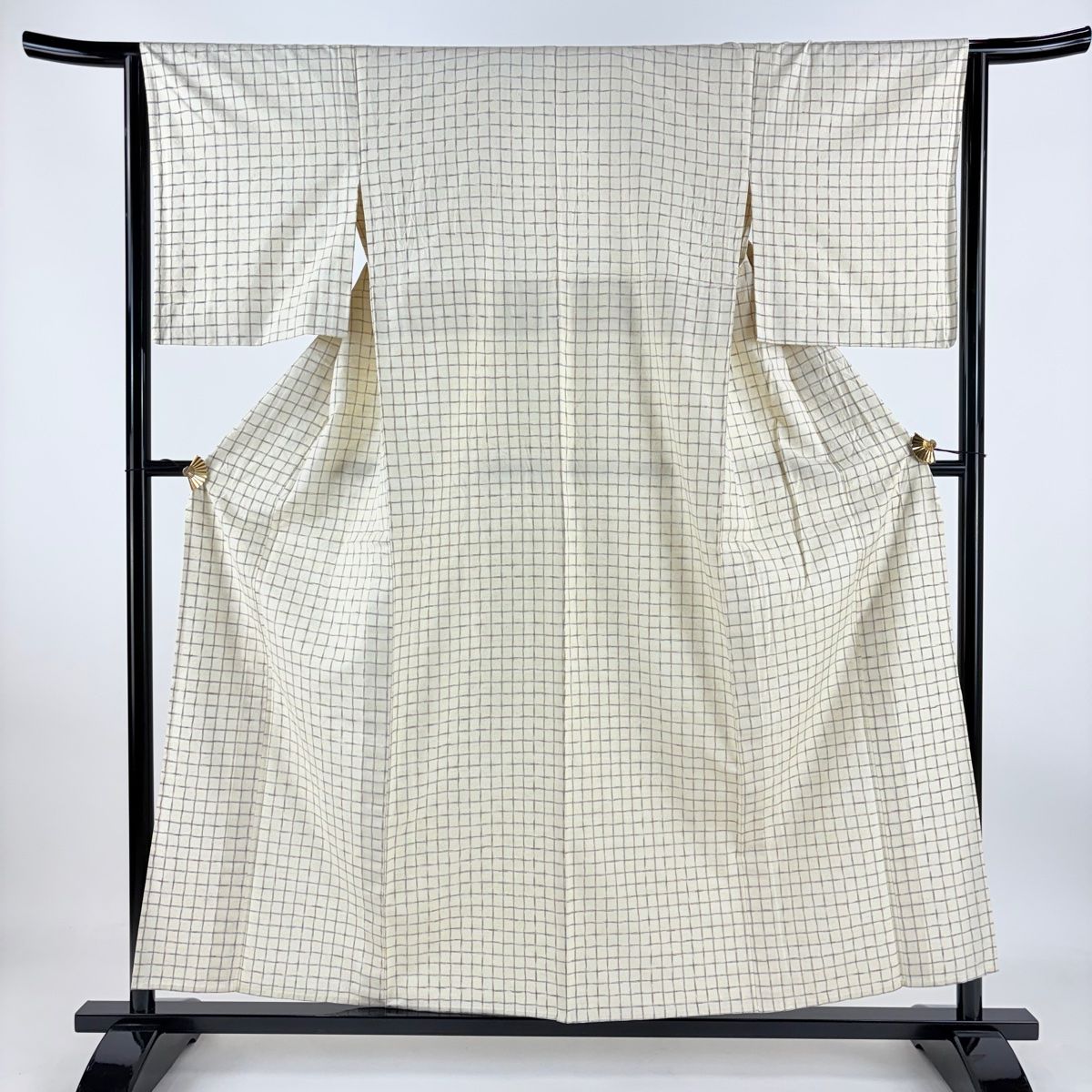 紬 身丈156cm 裄丈63.5cm S 単衣 やまと 格子 ベージュ 正絹 名品