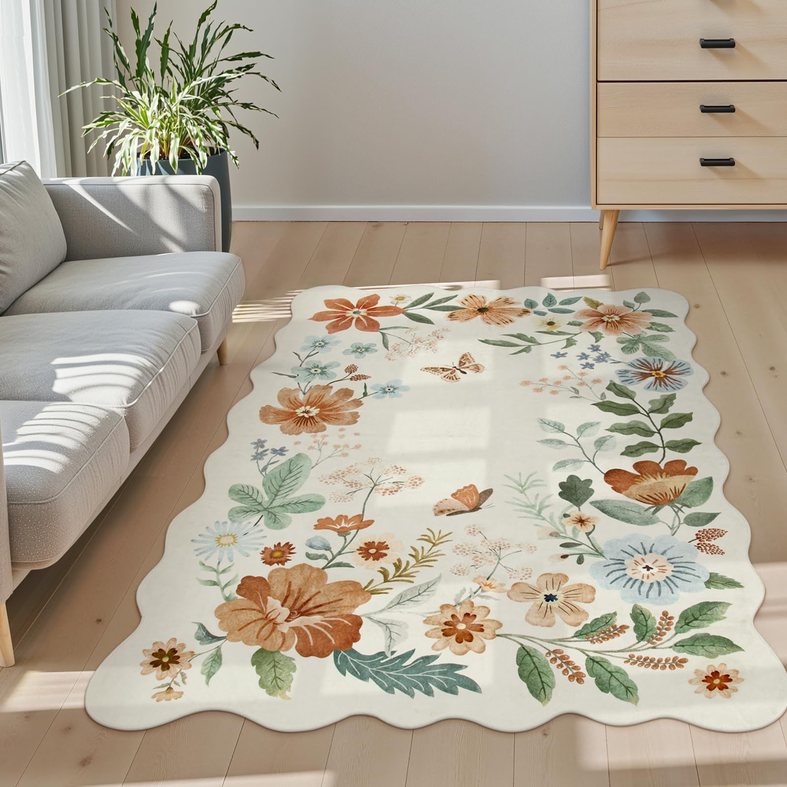 HAOCOO カーペット 洗える 140х200cm ラグ 夏用 約1.5畳 薄手 モダン ふわふわ 滑り止め 防音 抗菌防臭 室内用 長方形 ラグマット オールシーズン適用 蝶 動物 花柄 アイボリー