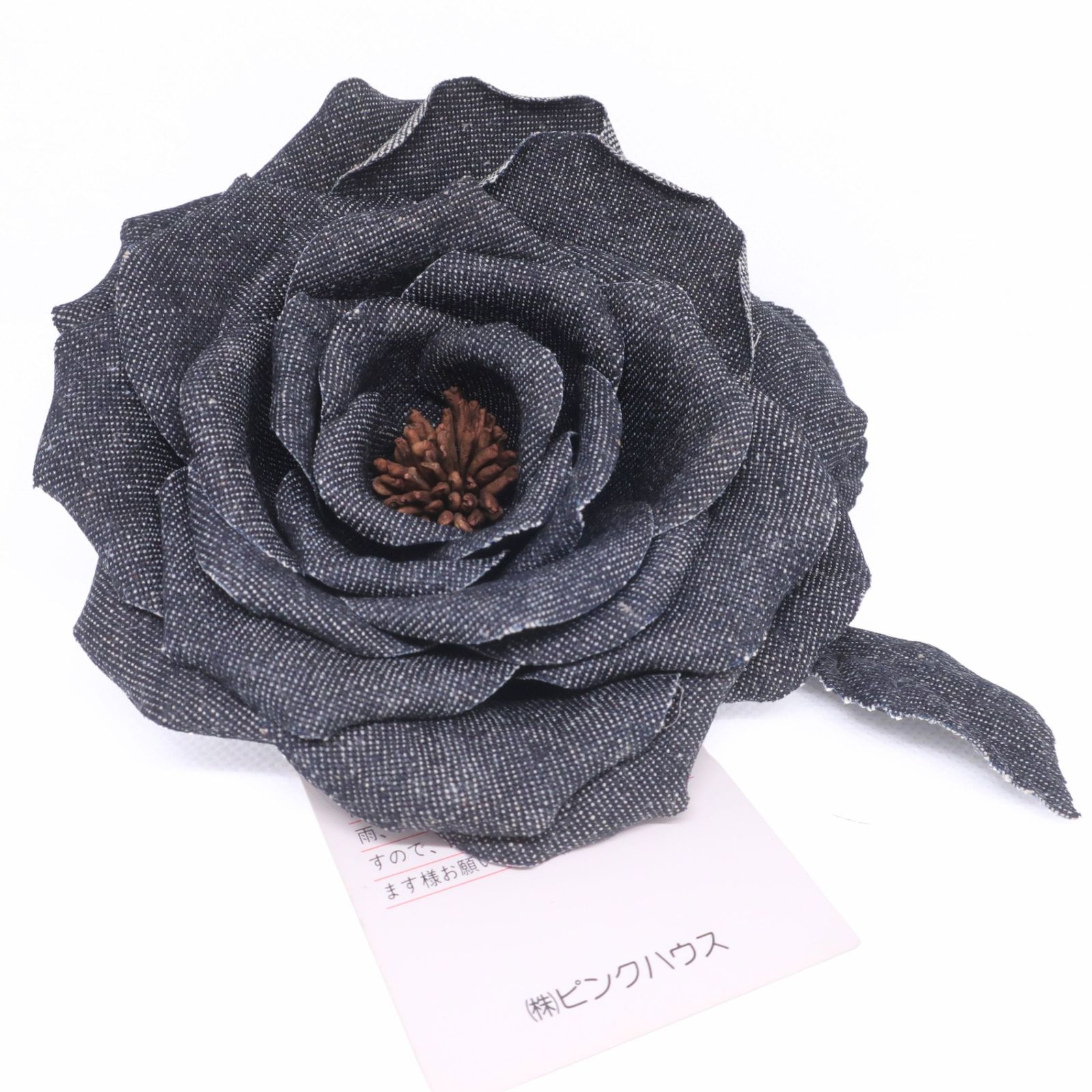 美品】ピンクハウス☆デニム調 薔薇コサージュ ブローチ 大ぶり ブルー