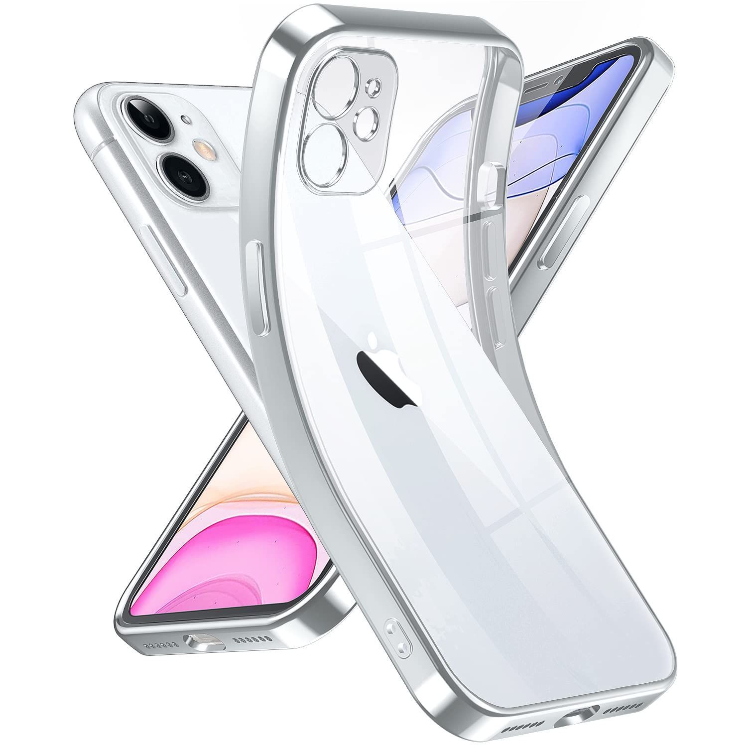 【新着商品】スマホカバー衝突防止エアバッグ付き，6.1インチ（ 11 11，[カメラレンズ保護][シリコン高精細透明][黄変しない][極薄でソフトな素肌感覚][耐衝撃]アイフォン シルバー） クリア