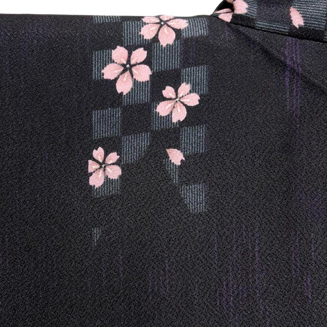 小紋　洗える着物　桜　市松　花びら　矢羽　麻の葉　縦縞　黒地　着物　023a d 小紋 洗える着物 桜 市松 花びら 矢羽 麻の葉 縦縞 黒地 着物