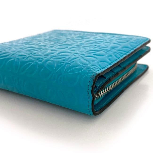 ロエベ 二つ折り 財布 ターコイズ ブルー リピート 美品 レザー 中古