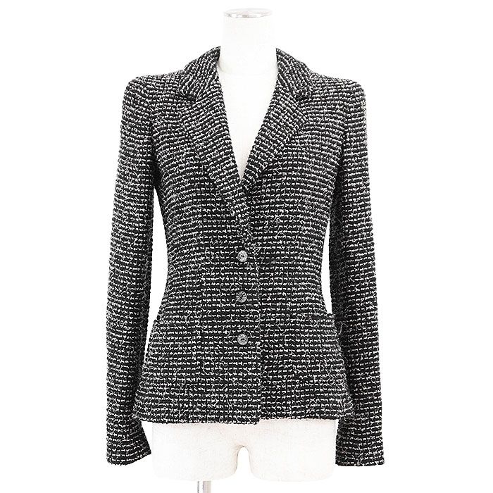 CHANEL シャネル テーラードジャケット 03C P20557 ヴィンテージ ファンシー ツイード ロゴ ボタン ウール混 カメリアライニング アウター 共生地付属 レディース 36 ブラック ホワイト 黒 白 フランス製 カール ラガーフェルド期
