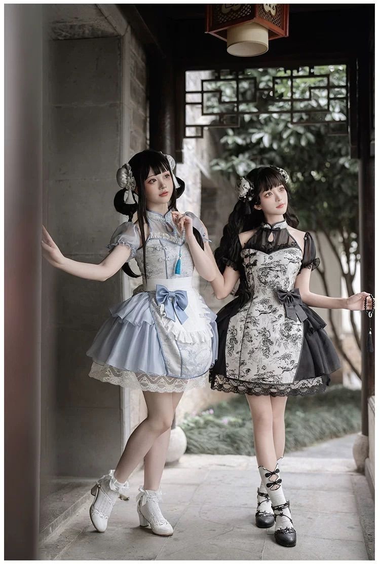 送料無料！ チャイナ風ドレス3点セット シースルー袖が ブルー ブラック2色 天使界隈コスチューム