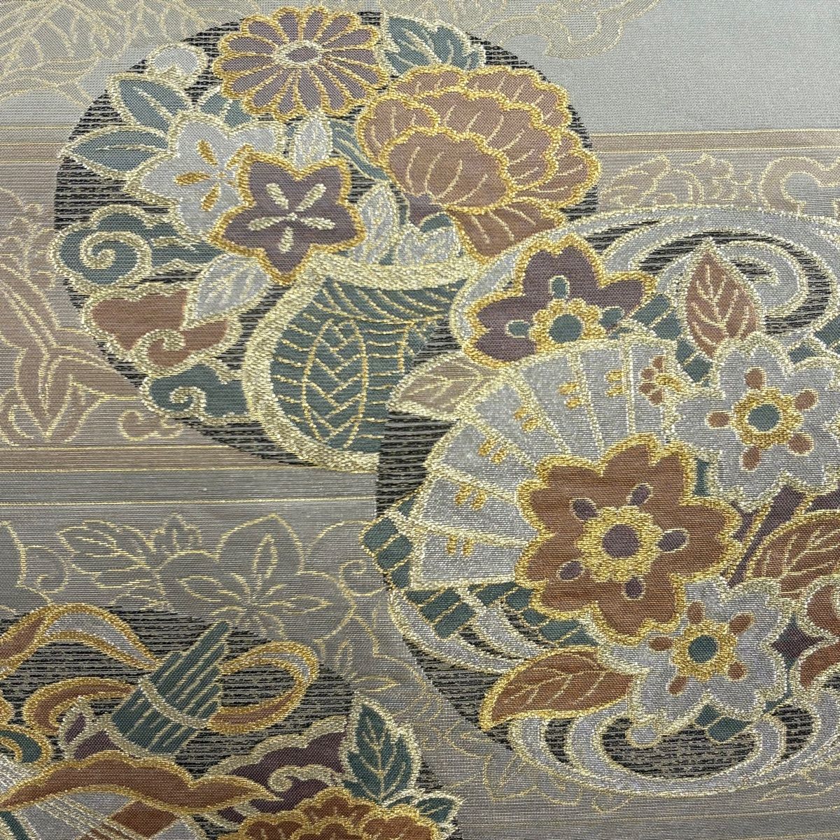 袋帯 美品 名品 川島織物 落款 草花 桧扇 金糸 灰色 六通 正絹