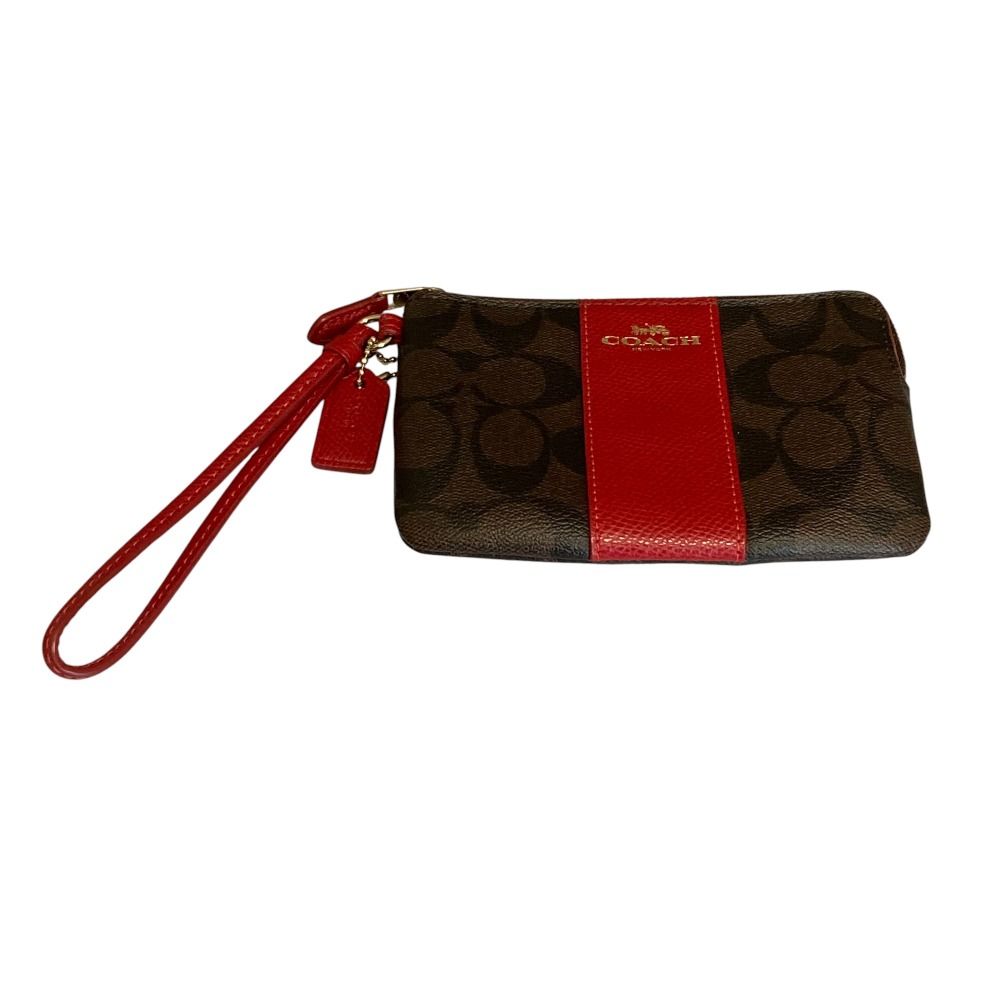 美品 COACH コーチ シグネチャー PVC ポーチ レッド ブラウン