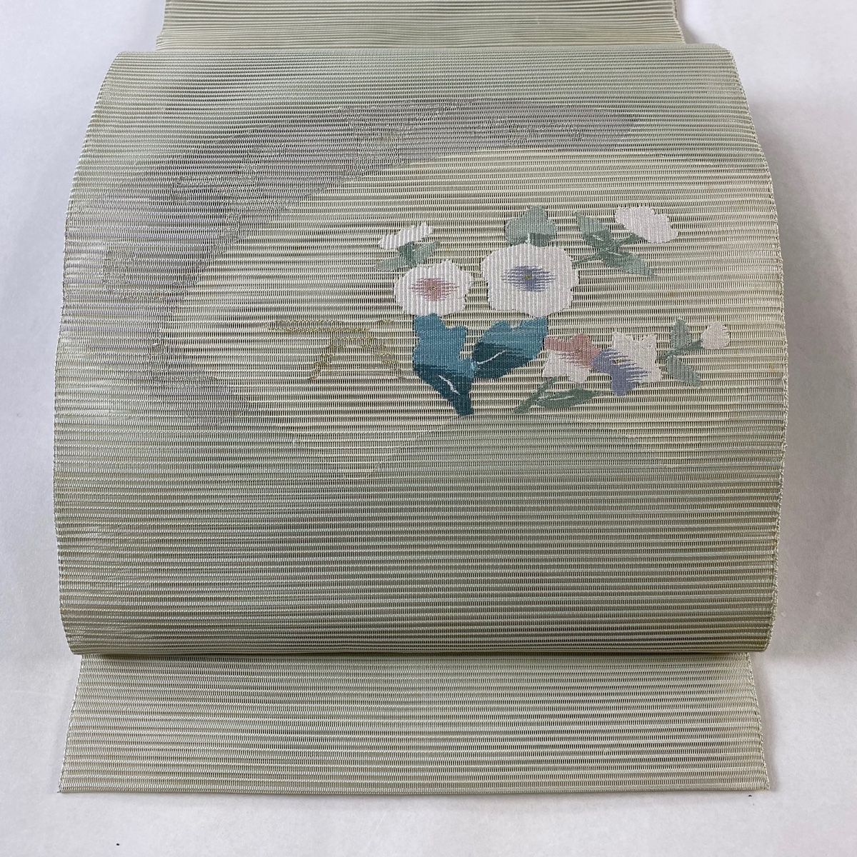 名古屋帯 秀品 夏帯 絽 松葉仕立て 八寸名古屋帯 草花 金銀糸 薄緑 正絹