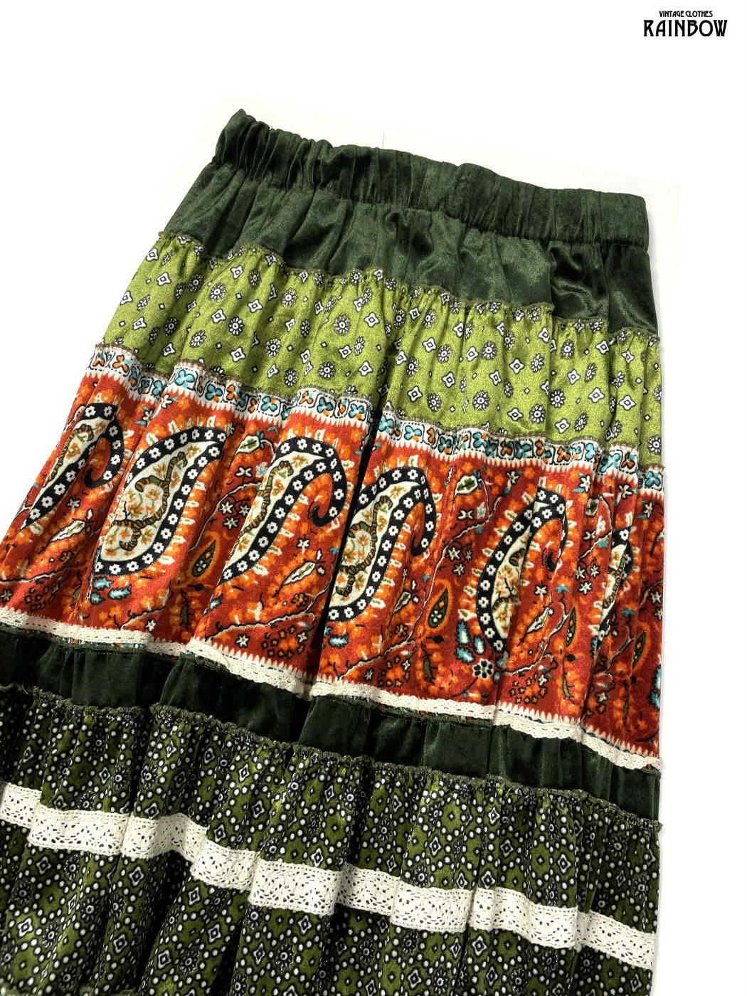 古着 レース 総柄 ペイズリー柄 ベロア ロング丈 ティアード スカート 緑 btu2508018