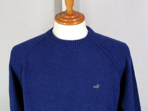 秋冬 クロコダイル クルーネックセーター ニット カシミヤ混 毛ナイロン クロコダイルマーク付 ブルー M L