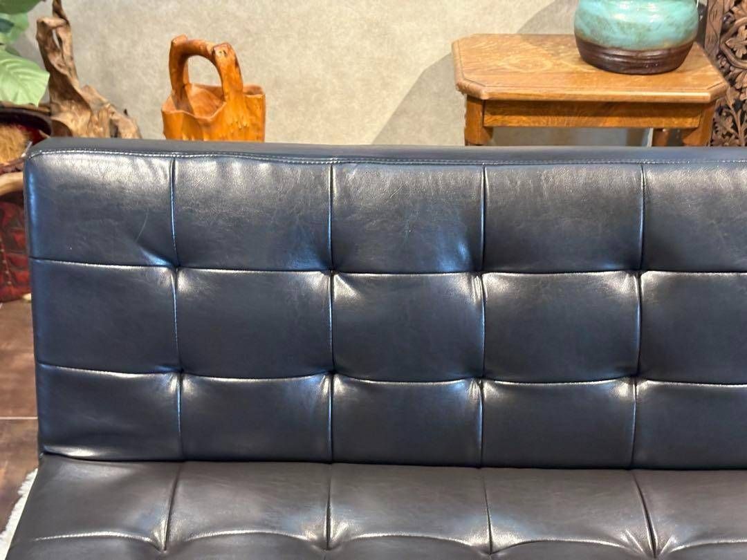 希少　3Pソファ　ソファベッド　ブラックレザー　ボタンダウン　ヴィンテージ　IH 希少 3Pソファ ソファベッド ブラックレザー ボタンダウン