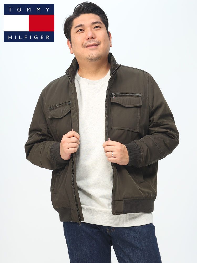 ボンバージャケット 大きいサイズ メンズ フード収納 フルジップ 中綿 ブルゾン スタンド ブラック オリーブ 1XL 2XL TOMMY HILFIGER トミーヒルフィガー オリーブ
