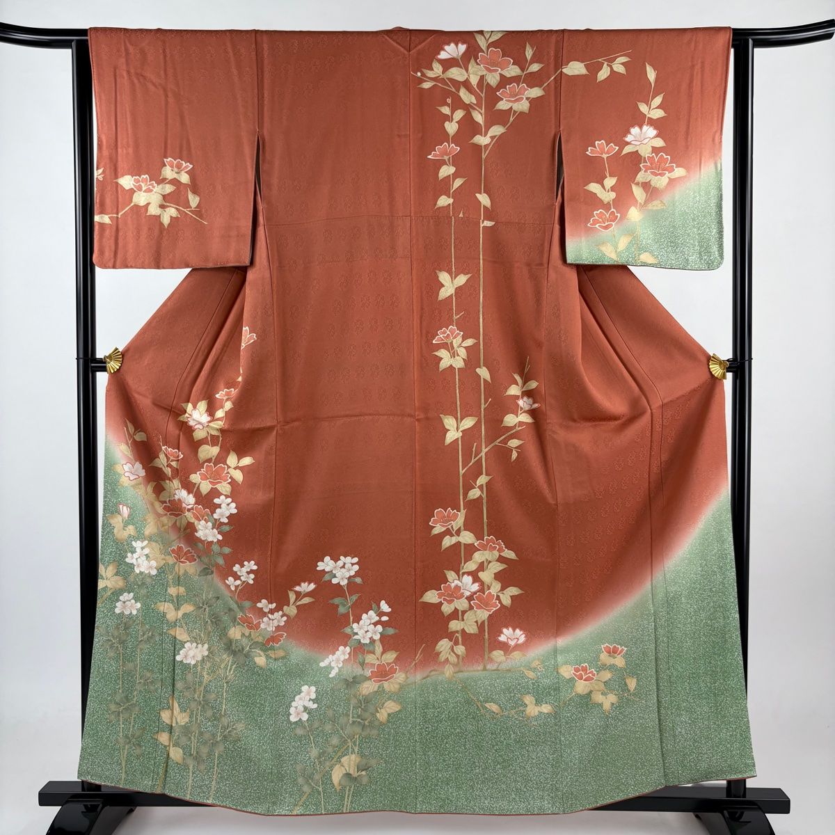 訪問着 身丈159cm 裄丈64cm M 袷 草花 金彩 ぼかし サーモンピンク 正絹 秀品