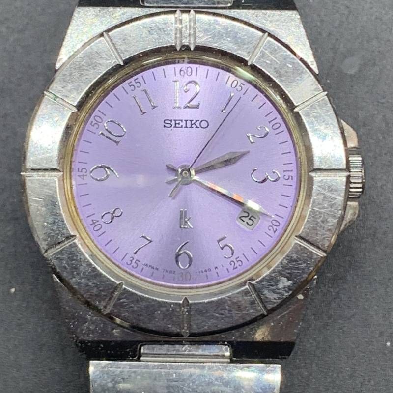 不動 SEIKO セイコー LK ルキア 7N82-0620 円形 ラウンド シルバーカラー レディース 腕時計 クォーツ 3針 デイト 紫パープル文字盤