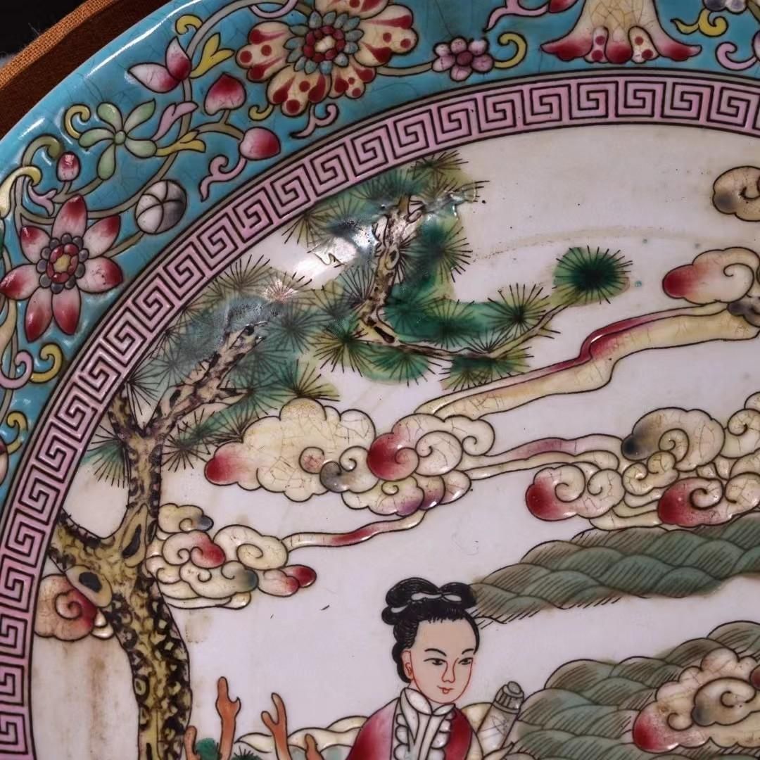 中国古美術・旧蔵粉彩・陶磁器中皿・人物風景絵・置物・純手描き・箱付・文房具・禮品 中国古美術・旧蔵粉彩・陶磁器中皿・人物風景絵・置物・純手描き