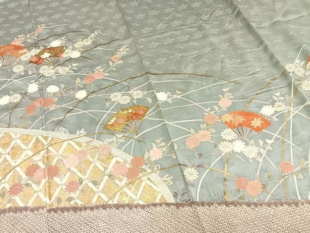 平和屋着物▽訪問着 単衣 駒刺繍 絞り 扇面花文 金彩 正絹 逸品