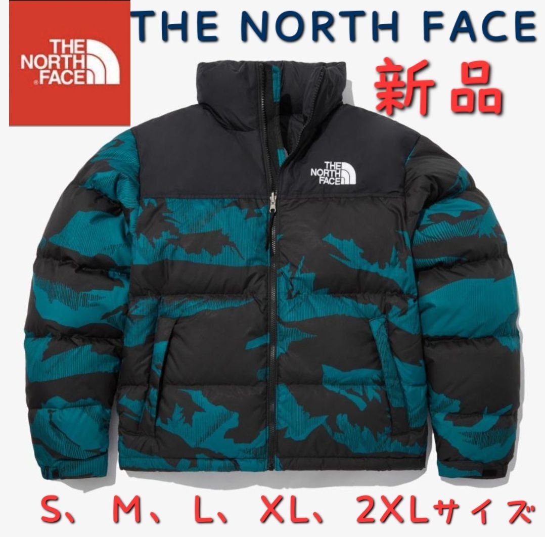 カモブルーTHE NORTH FACEノースフェイス新品 タグ付き 日本未発売  ダウンジャケット  ジャケット海外限定 ロゴストリート 軽量ホワイトレーベル韓国限定 男女兼用メンズレディース  アウター 防寒軽量 希少柄 模様 レトロ