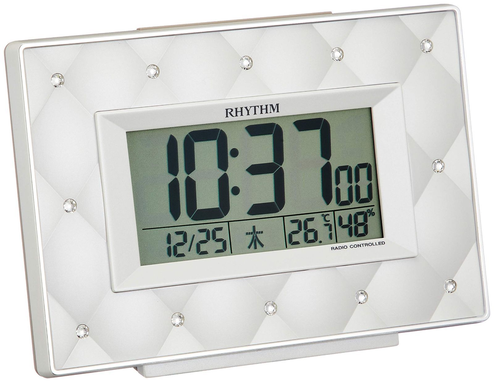 【新着商品】飾り クリスタル ベージュ デジタル パール 電波時計 9.9×13.9×5.1cm 目覚まし時計 フィットウェーブアビスコ リズム(RHYTHM) 8RZ167SR38