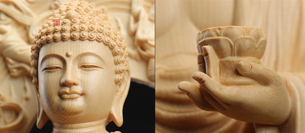 修縁堂】最高級 木彫仏像 阿弥陀三尊立像 彫刻 一刀彫 天然木檜