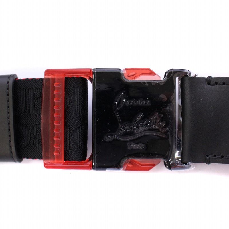 美品 Christian Louboutin 黒赤レザーベルト RICKY BELT 35 BLACK/RED/BLACK GUNMETAL Classic Leather