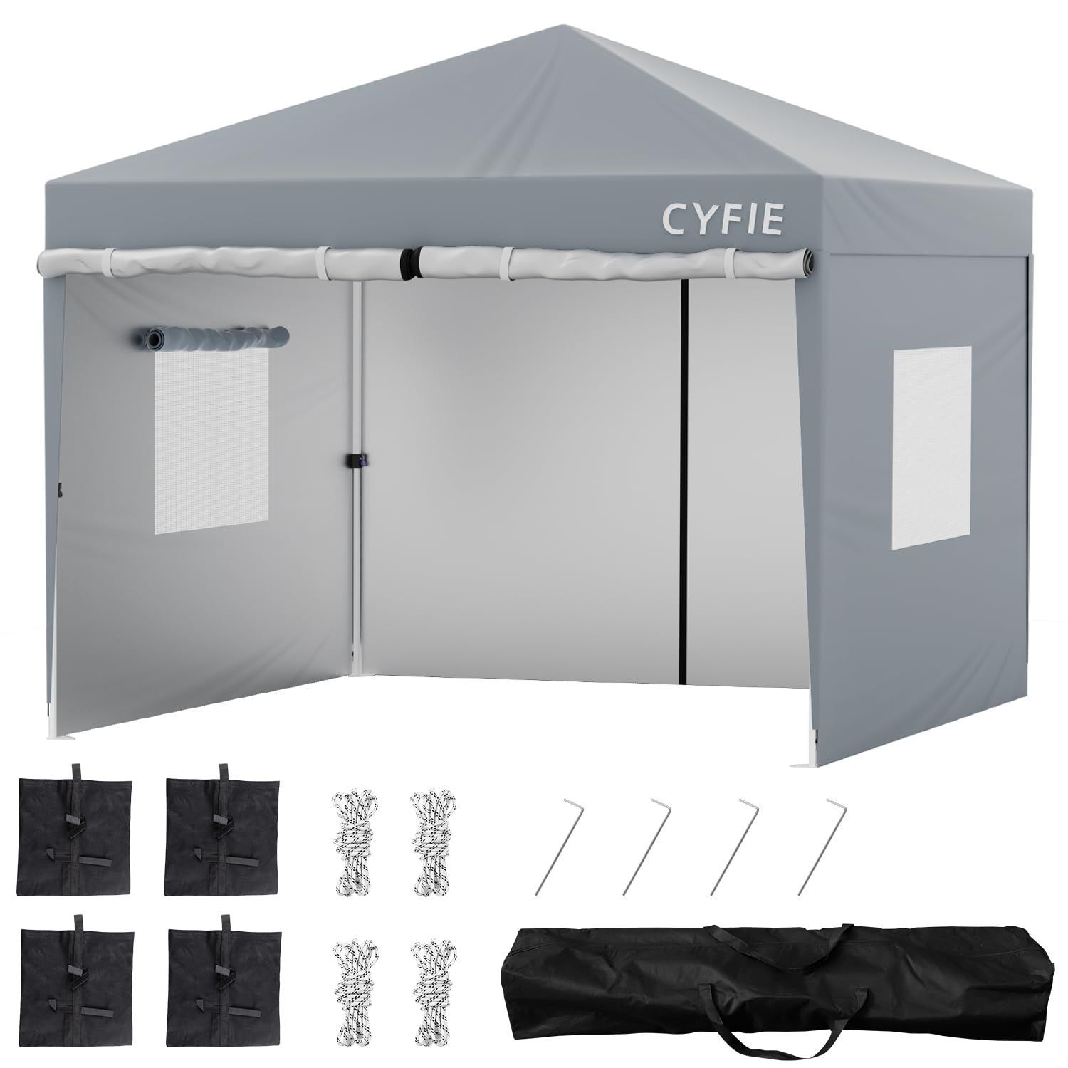 CYFIE タープテント 3mx3m 横幕|サイドシート4枚付 ワンタッチタープ 網戸付き 3段階調節 UVカット 高耐水 遮光遮熱 収納袋付 アウトド|イベント|運動会|防災 300x300cm グレー