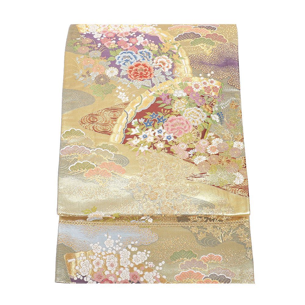 礼装用 袋帯 正絹 檜扇競花文 金 緑 紫 扇子 松竹梅 紅葉 牡丹 Sサイズ F8331 レディース シルク ギフト フォーマル 送料無料