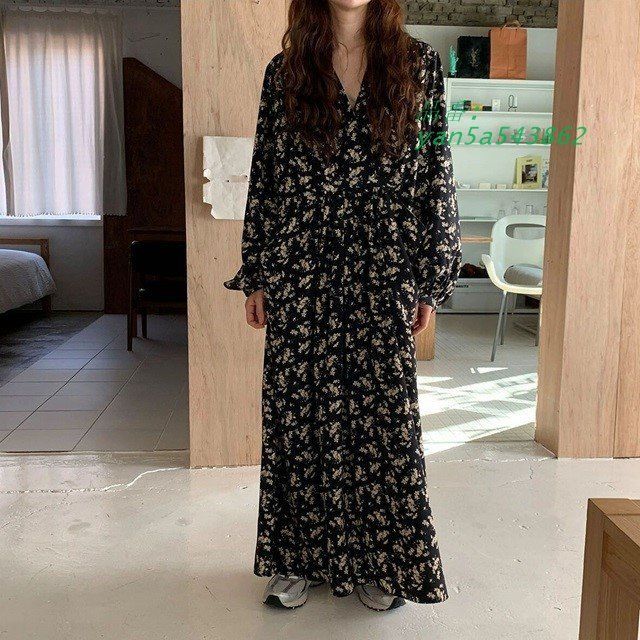 ロングワンピース レディース ワンピース 長袖 カジュアル 大きいサイズ 長袖 ワンピース マキシ丈 花柄 レディース Vネック ワンピース ロング丈 yan5a543862