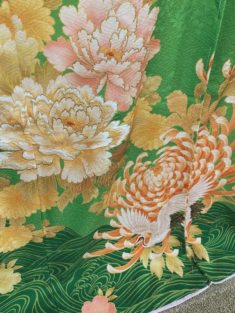 振袖 仮絵羽 刺繍 紋意匠 鶴 芍薬 菊 舞台衣装 正絹 未仕立て品 八掛
