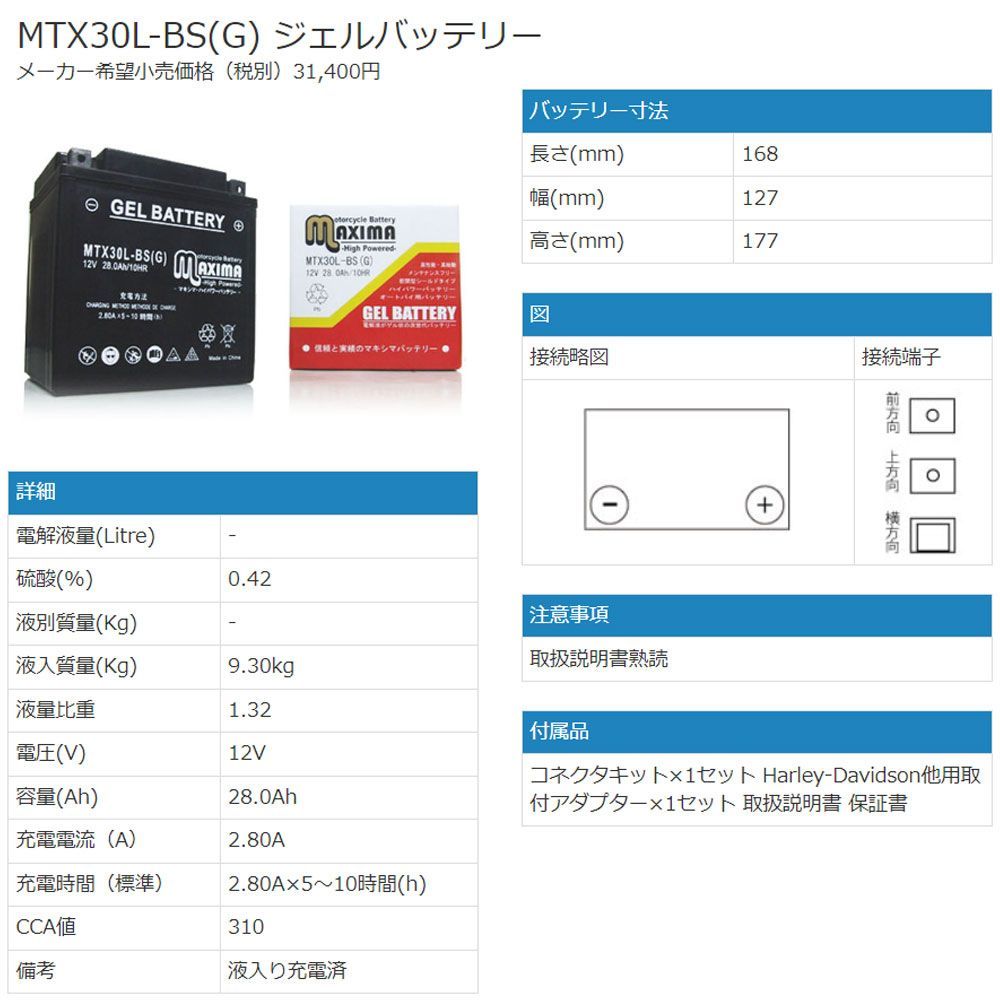 充電済み ジェルバッテリー PHD30HL-BS ハーレー専用 | バッテリー