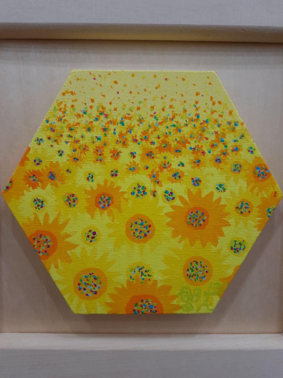 六角形のひまわり畑 額付き 画家 小楠アキコ作品 アクリル絵の具