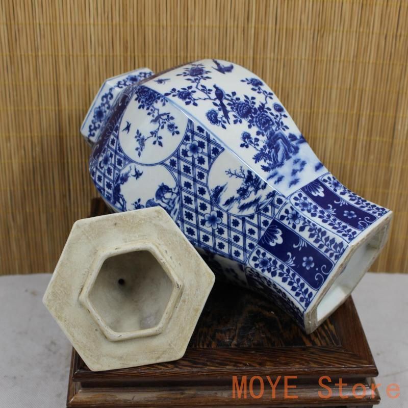 清乾隆青花花鳥六方将軍缶 景徳鎮 陶磁器 装飾品 現代工芸品 美術品