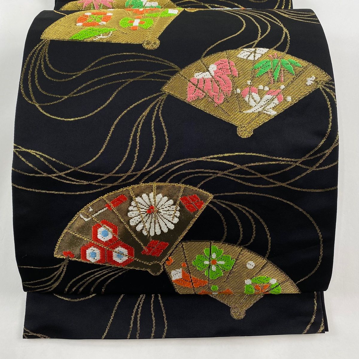 袋帯 美品 秀品 川島織物 落款 扇 宝尽くし 金糸 箔 黒 全通 正絹 