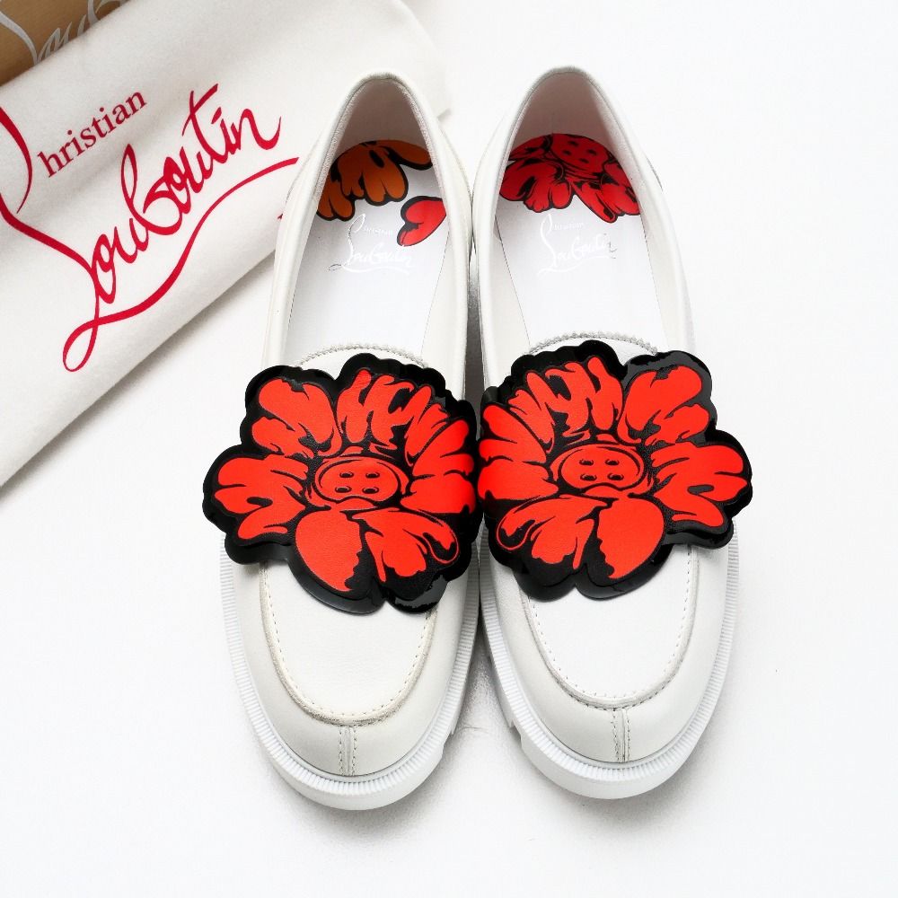 【希少モデル】 クリスチャン ルブタン ローファー 花柄 ホワイト 38 美品 □未使用品□Christian Louboutin クリスチャンルブタン ローファー