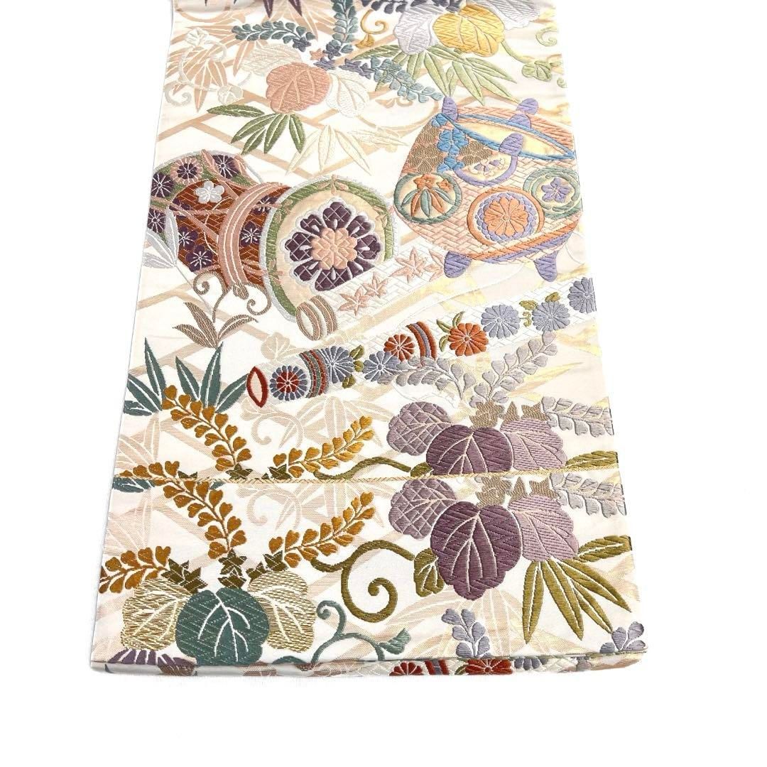 袋帯　桐の花　楽器　竹　唐草　糸巻き器　笛　太鼓　菊　着物　053a d 袋帯 桐の花 楽器 竹 唐草 糸巻き器 笛 太鼓 菊 着物 053a d