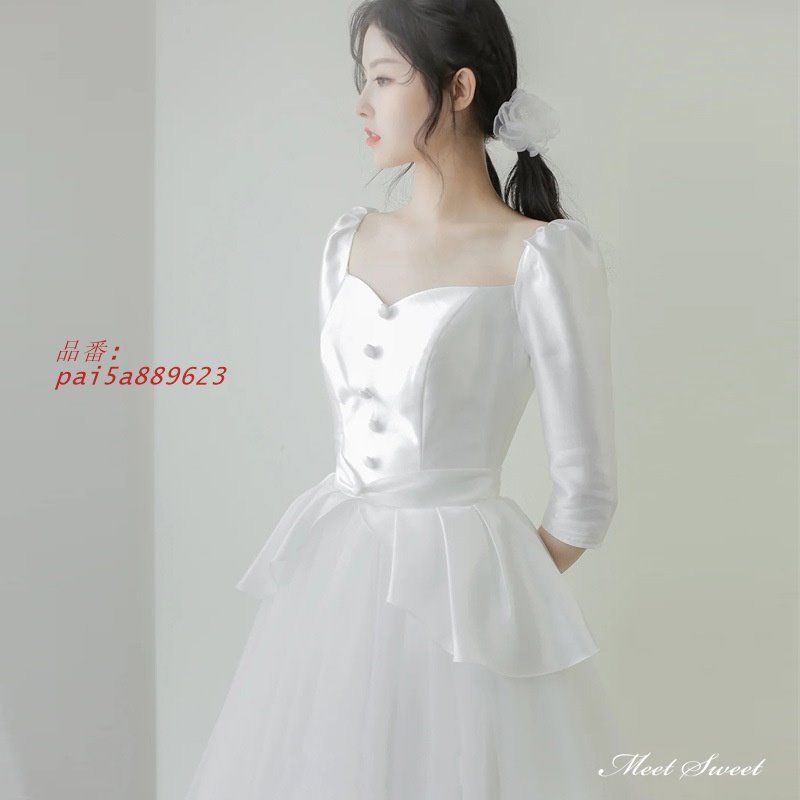 ウェディングドレス ロングドレス サテン チュール 切替 Aラインドレス 前撮り 二次会 白 袖付き ブライダル ウエディングドレス 結婚式 ホワイト 花嫁 pai5a889623