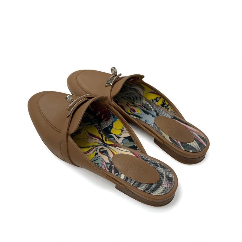 エルメス HERMES サンダル ブラウン レザー トング Hロゴ